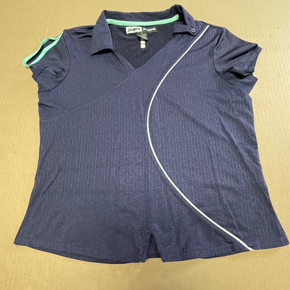 Jamie Sadock Women Navy Blue Ribbed Short Sleeve Golf Polo Shirt Asymmetrical S